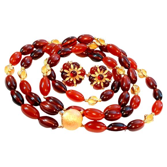 Vintage Faux Tigers Eye Faux Coral Gold Tone ClipOn Earrings and Necklace - Picture 2 of 10